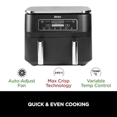 ninja foodi dual zone digital air fryer, 2 drawers, 7.6l, 6 in 1, uses no oil, air fry, max crisp, roast ninja foodi dual zone digital air fryer, 2 drawers, 7.6l, 6 in 1, uses no oil, air fry, max crisp, roast