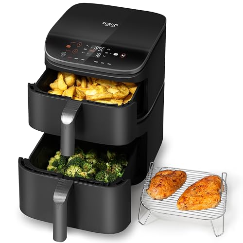 cosori turbotower dual air fryer, 10.8l space saving stacked design, 3 layer cooking cosori turbotower dual air fryer, 10.8l space saving stacked design, 3 layer cooking