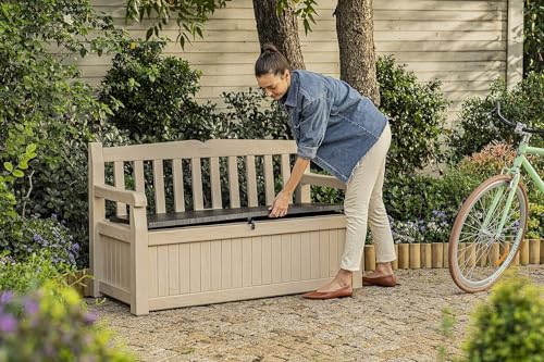 keter eden bench 265l outdoor 60% recycled garden furniture storage box beige & brown wood panel effect keter eden bench 265l outdoor 60% recycled garden furniture storage box beige & brown wood panel effect