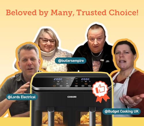 cosori dual air fryer, 8.5l family size, 8 in 1, air fry, roast, bake, reheat, dehydrate, grill cosori dual air fryer, 8.5l family size, 8 in 1, air fry, roast, bake, reheat, dehydrate, grill