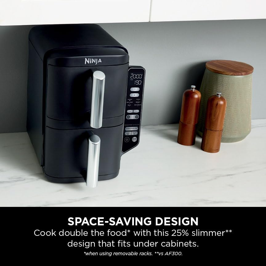 ninja double stack air fryer, vertical dual drawer air fryer with 4 cooking levels, 2 drawers and 2 racks ninja double stack air fryer, vertical dual drawer air fryer with 4 cooking levels, 2 drawers and 2 racks