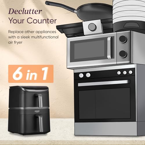 cosori turbotower dual air fryer, 10.8l space saving stacked design, 3 layer cooking cosori turbotower dual air fryer, 10.8l space saving stacked design, 3 layer cooking