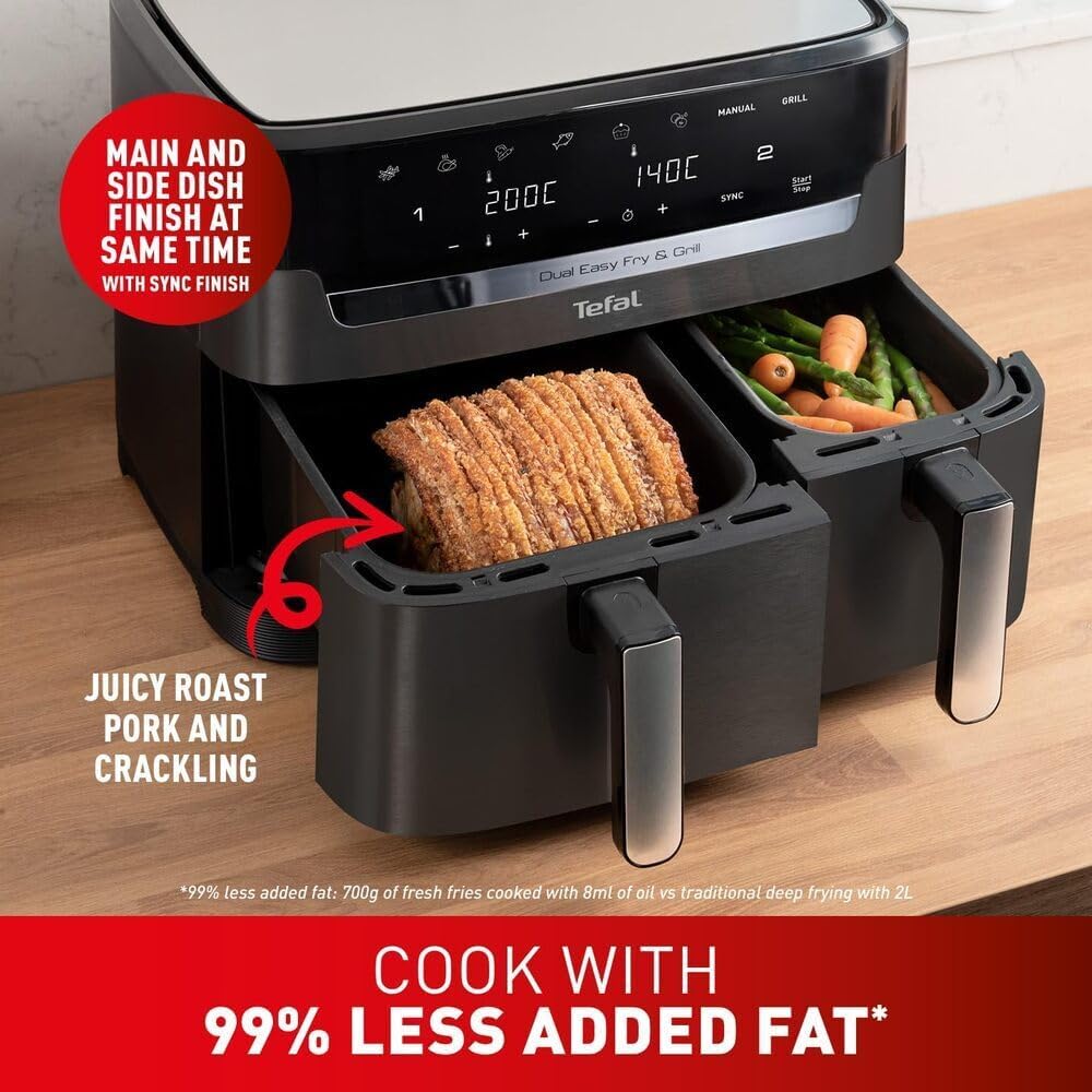 tefal easy fry dual zone digital air fryer, 2 drawers, 8.3l, 8in1, air fry, extra crisp, roast, bake, reheat tefal easy fry dual zone digital air fryer, 2 drawers, 8.3l, 8in1, air fry, extra crisp, roast, bake, reheat