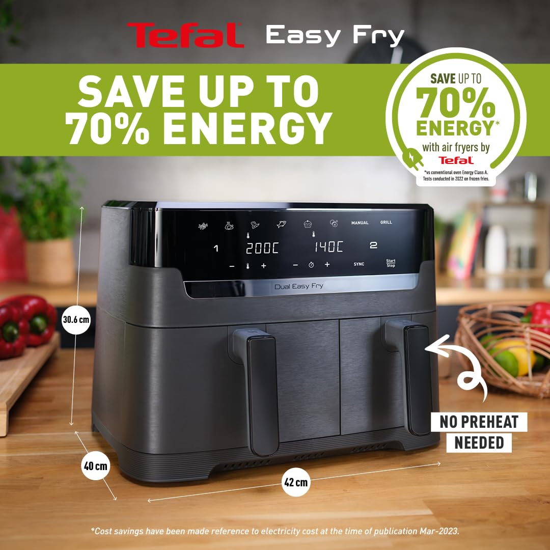 tefal easy fry dual zone digital air fryer, 2 drawers, 8.3l, 8in1, air fry, extra crisp, roast, bake tefal easy fry dual zone digital air fryer, 2 drawers, 8.3l, 8in1, air fry, extra crisp, roast, bake