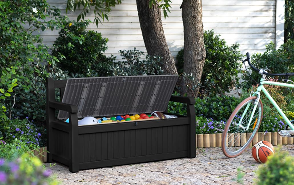 keter eden bench 265l outdoor 60% recycled garden furniture storage box graphite & light grey keter eden bench 265l outdoor 60% recycled garden furniture storage box graphite & light grey