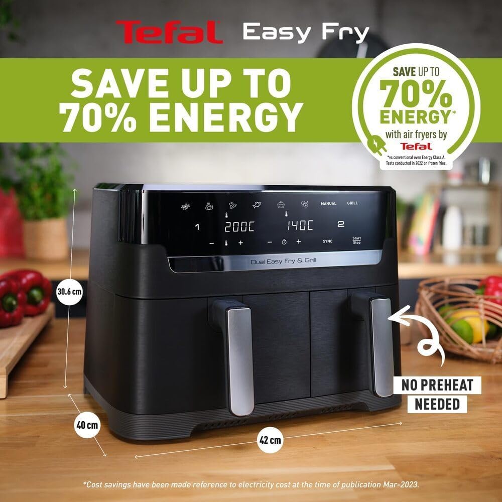 tefal easy fry dual zone digital air fryer, 2 drawers, 8.3l, 8in1, air fry, extra crisp, roast, bake, reheat tefal easy fry dual zone digital air fryer, 2 drawers, 8.3l, 8in1, air fry, extra crisp, roast, bake, reheat