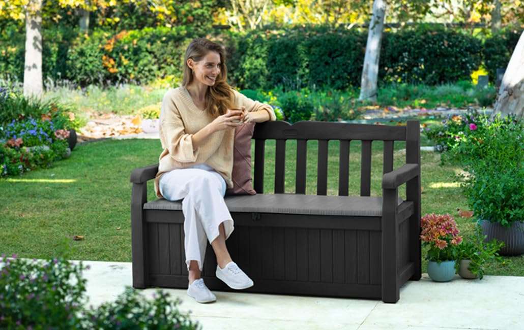 keter eden bench 265l outdoor 60% recycled garden furniture storage box graphite & light grey keter eden bench 265l outdoor 60% recycled garden furniture storage box graphite & light grey