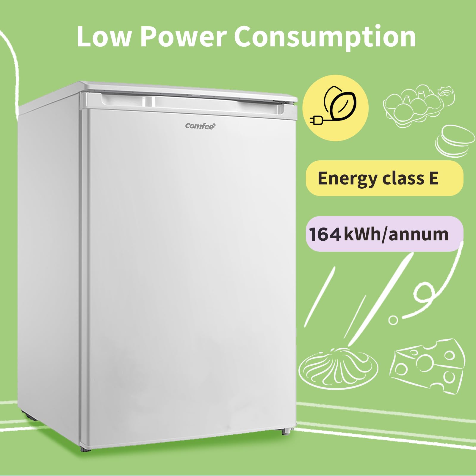 comfee' rcu83wh2(e) 88l freestanding under counter freezer, 55cm wide, reversible door comfee' rcu83wh2(e) 88l freestanding under counter freezer, 55cm wide, reversible door