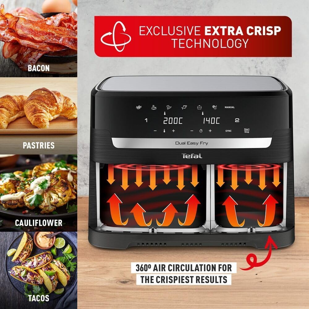 tefal easy fry dual zone digital air fryer, 2 drawers, 8.3l, 8in1, air fry, extra crisp, roast, bake, reheat tefal easy fry dual zone digital air fryer, 2 drawers, 8.3l, 8in1, air fry, extra crisp, roast, bake, reheat