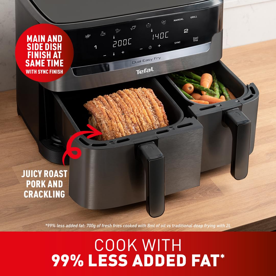 tefal easy fry dual zone digital air fryer, 2 drawers, 8.3l, 8in1, air fry, extra crisp, roast, bake tefal easy fry dual zone digital air fryer, 2 drawers, 8.3l, 8in1, air fry, extra crisp, roast, bake