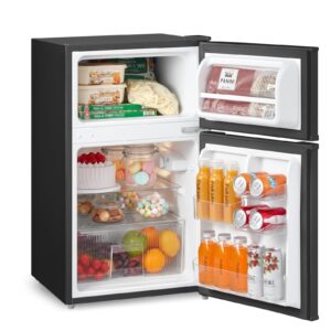 comfee' rct87bl2(e) under counter fridge freezer, 87l double door small fridge freezer with light