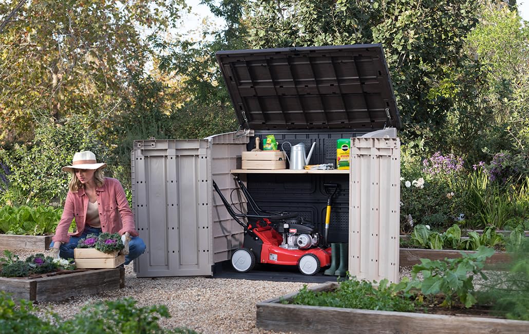 keter store it out max outdoor garden storage shed, beige and brown, 145.5 x 82 x 125 cm (l x h x w) keter store it out max outdoor garden storage shed, beige and brown, 145.5 x 82 x 125 cm (l x h x w)