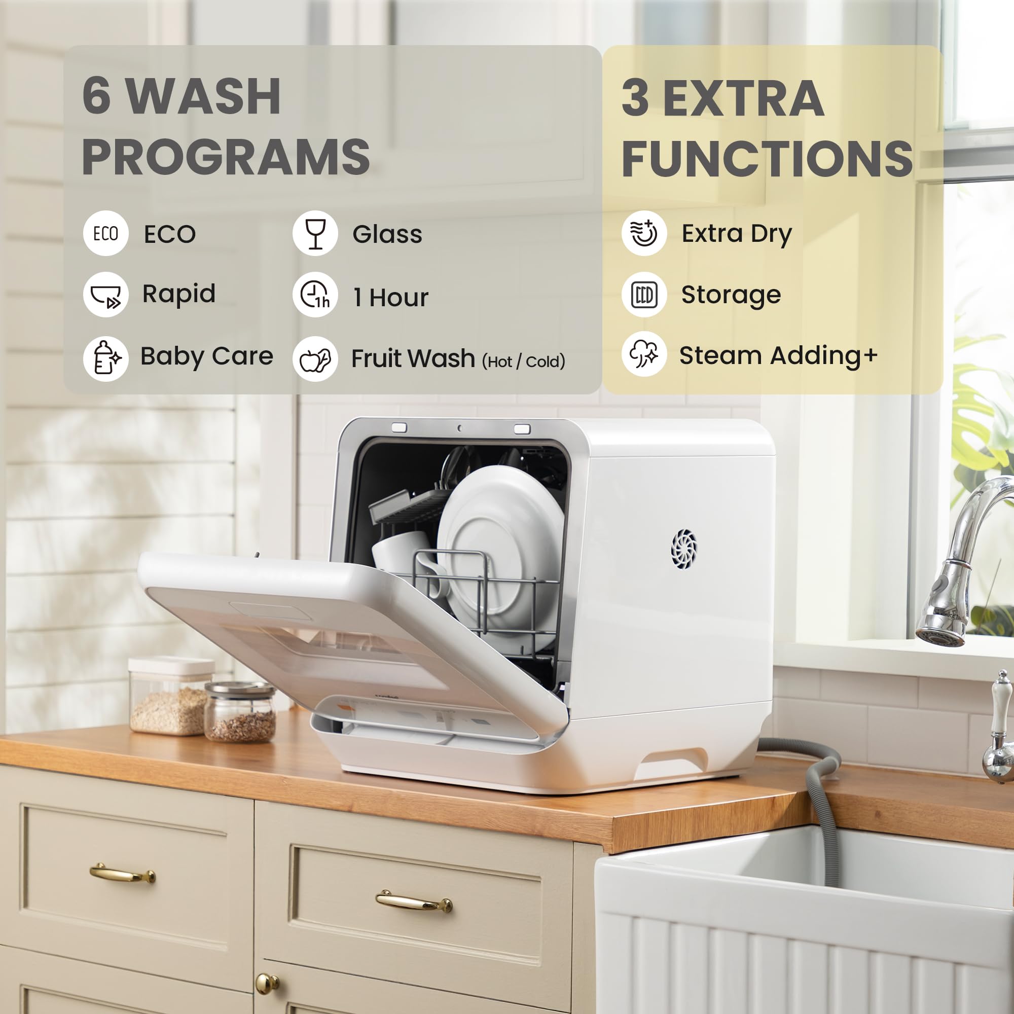 comfee' table top dishwasher, mini countertop dishwasher with 6+3 programs, steam wash comfee' table top dishwasher, mini countertop dishwasher with 6+3 programs, steam wash