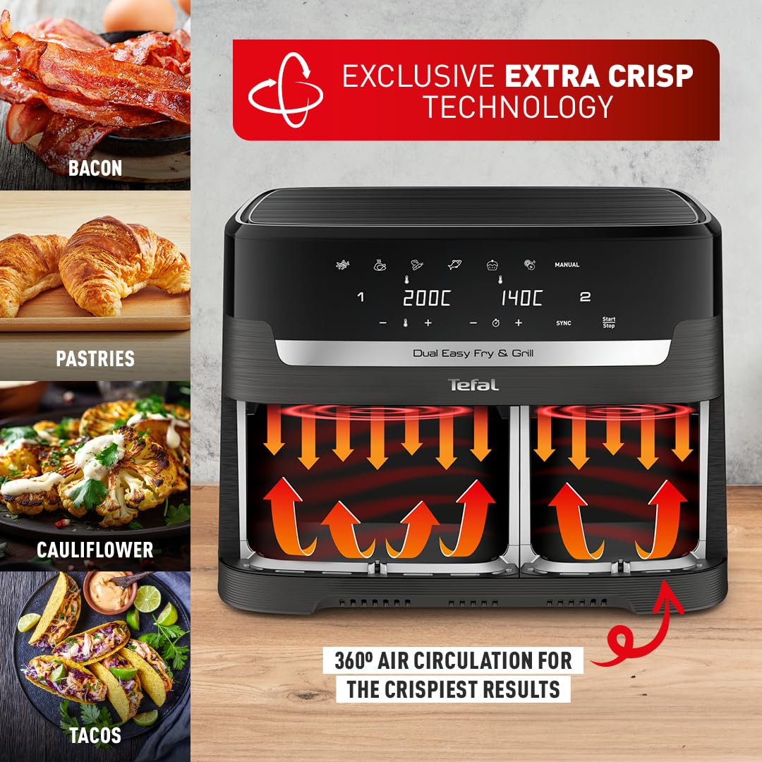 tefal easy fry dual zone digital air fryer, 2 drawers, 8.3l, 8in1, air fry, extra crisp, roast, bake tefal easy fry dual zone digital air fryer, 2 drawers, 8.3l, 8in1, air fry, extra crisp, roast, bake
