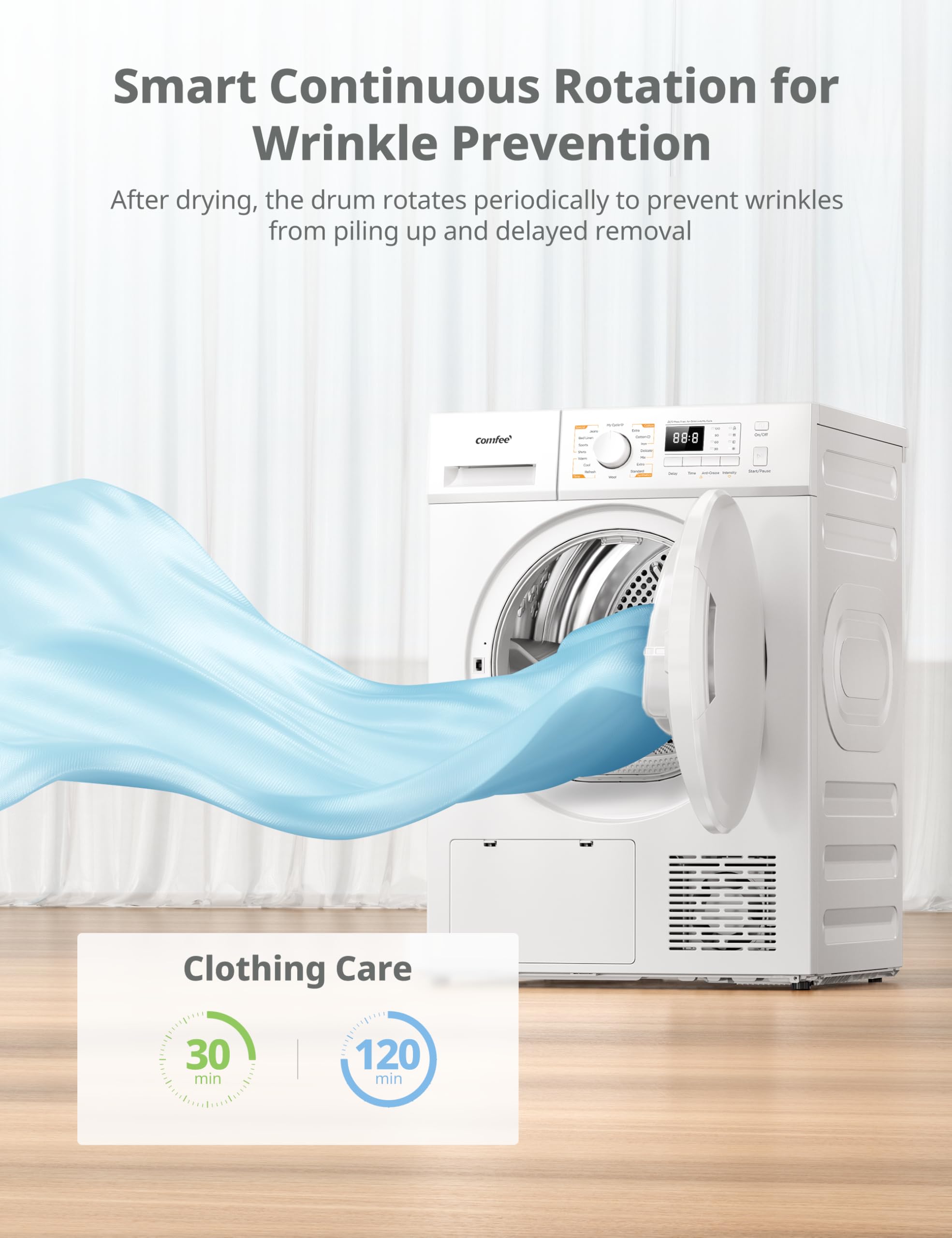 comfee' freestanding heat pump tumble dryer,8kg front load, a+ class, 16 programmes comfee' freestanding heat pump tumble dryer,8kg front load, a+ class, 16 programmes