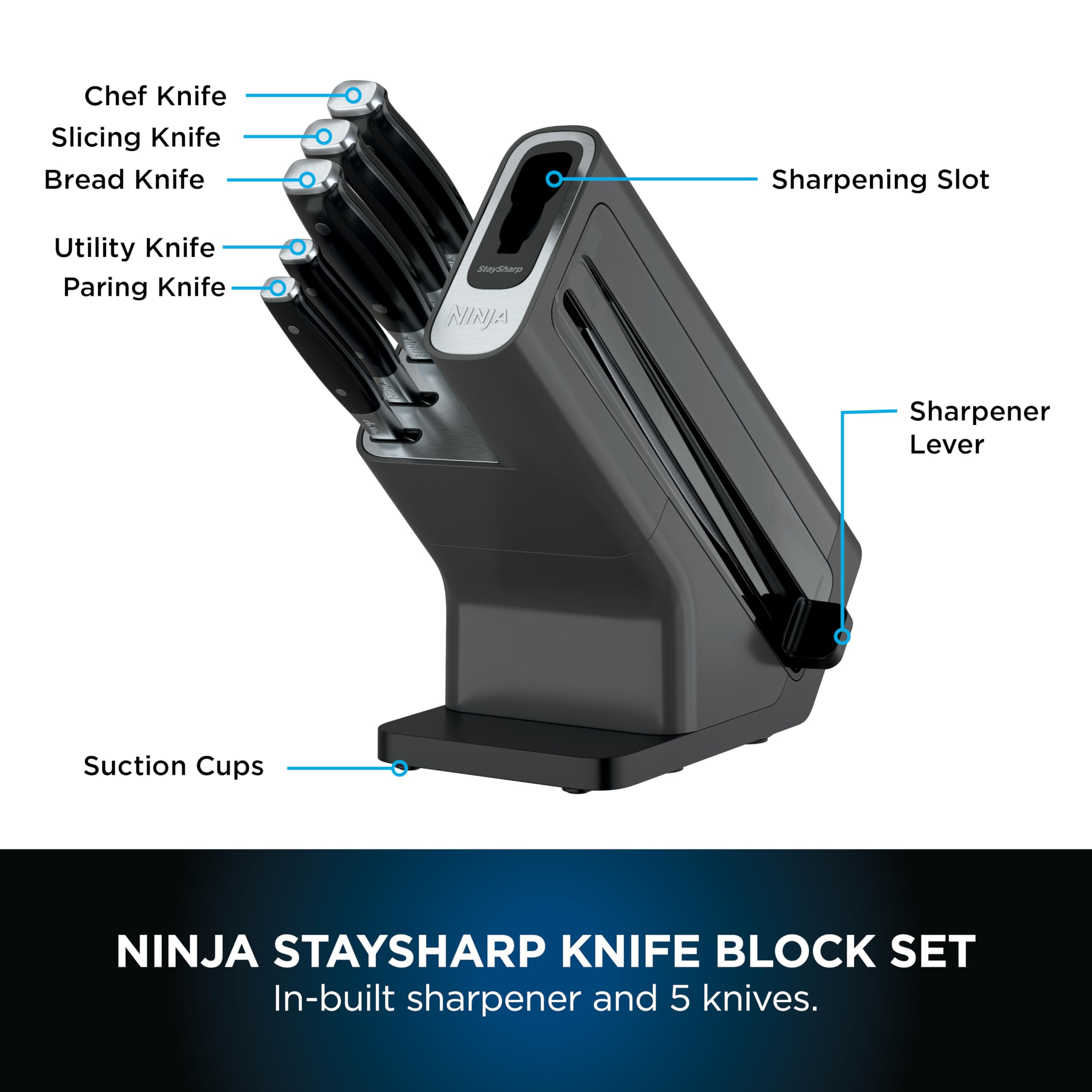 ninja foodi staysharp knife block with integrated sharpener, 5 piece knife set includes chef ninja foodi staysharp knife block with integrated sharpener, 5 piece knife set includes chef