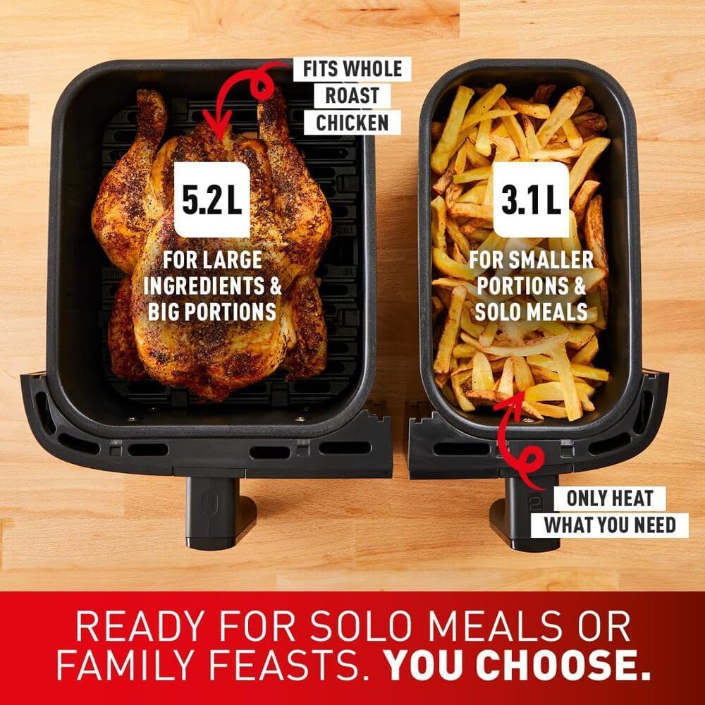 tefal easy fry dual zone digital air fryer, 2 drawers, 8.3l, 8in1, air fry, extra crisp, roast, bake, reheat tefal easy fry dual zone digital air fryer, 2 drawers, 8.3l, 8in1, air fry, extra crisp, roast, bake, reheat