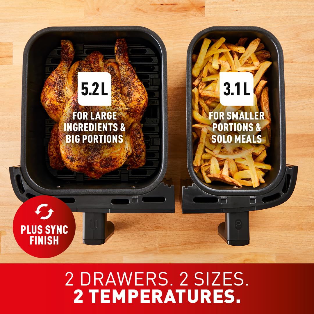 tefal easy fry dual zone digital air fryer, 2 drawers, 8.3l, 8in1, air fry, extra crisp, roast, bake tefal easy fry dual zone digital air fryer, 2 drawers, 8.3l, 8in1, air fry, extra crisp, roast, bake
