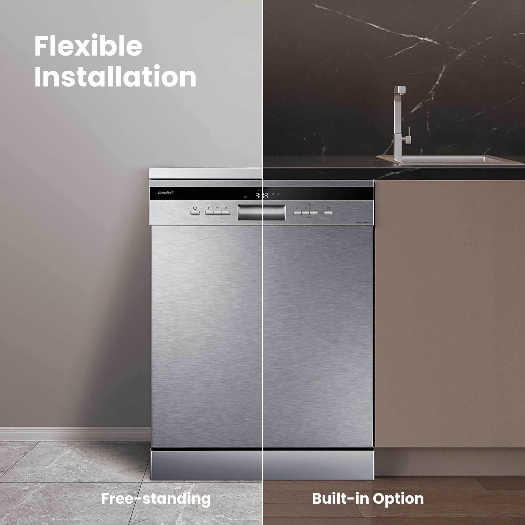 comfee' freestanding dishwasher fd1435e x with 14 place settings, full size, whisper quiet 44db comfee' freestanding dishwasher fd1435e x with 14 place settings, full size, whisper quiet 44db