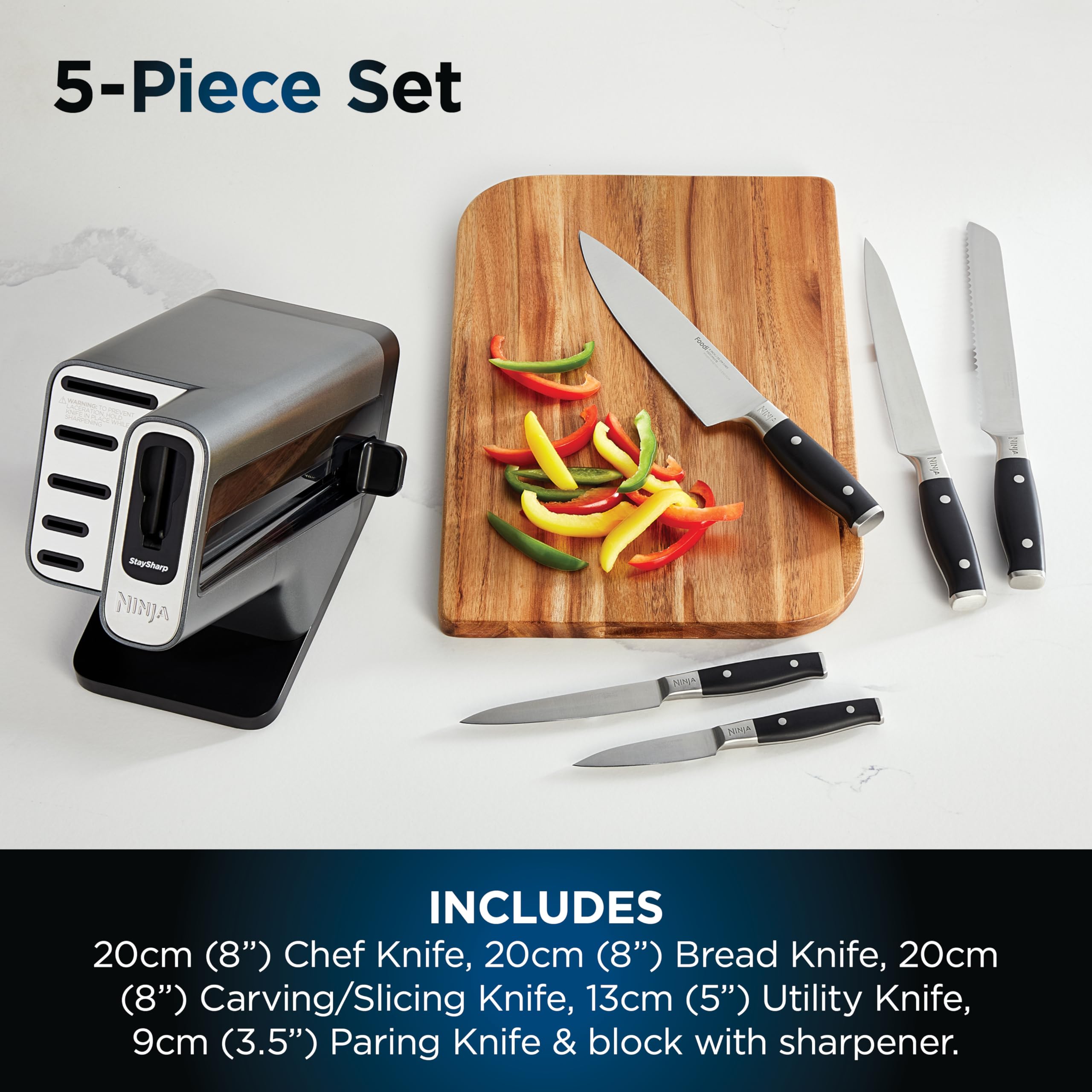ninja foodi staysharp knife block with integrated sharpener, 5 piece knife set includes chef ninja foodi staysharp knife block with integrated sharpener, 5 piece knife set includes chef