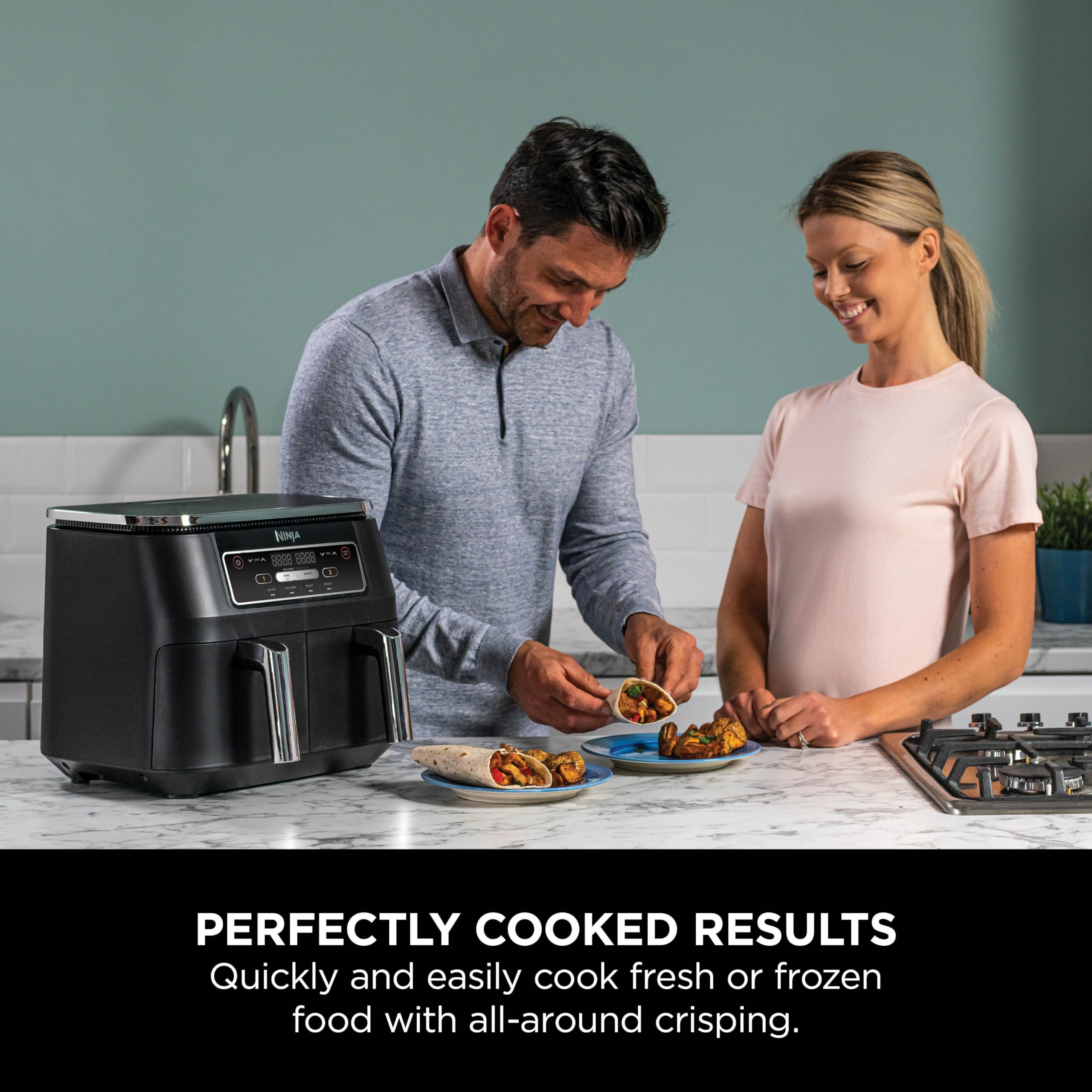 ninja foodi dual zone digital air fryer, 2 drawers, 7.6l, 4 in 1, uses no oil, air fry, max crisp, roast, reheat ninja foodi dual zone digital air fryer, 2 drawers, 7.6l, 4 in 1, uses no oil, air fry, max crisp, roast, reheat