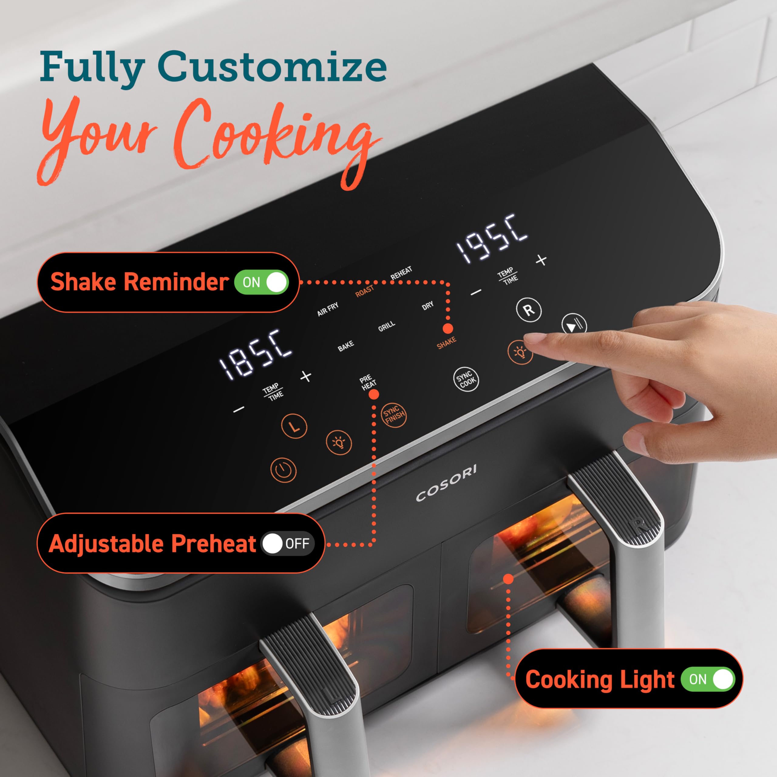 cosori dual air fryer, 8.5l family size, 8 in 1, air fry, roast, bake, reheat, dehydrate, grill cosori dual air fryer, 8.5l family size, 8 in 1, air fry, roast, bake, reheat, dehydrate, grill